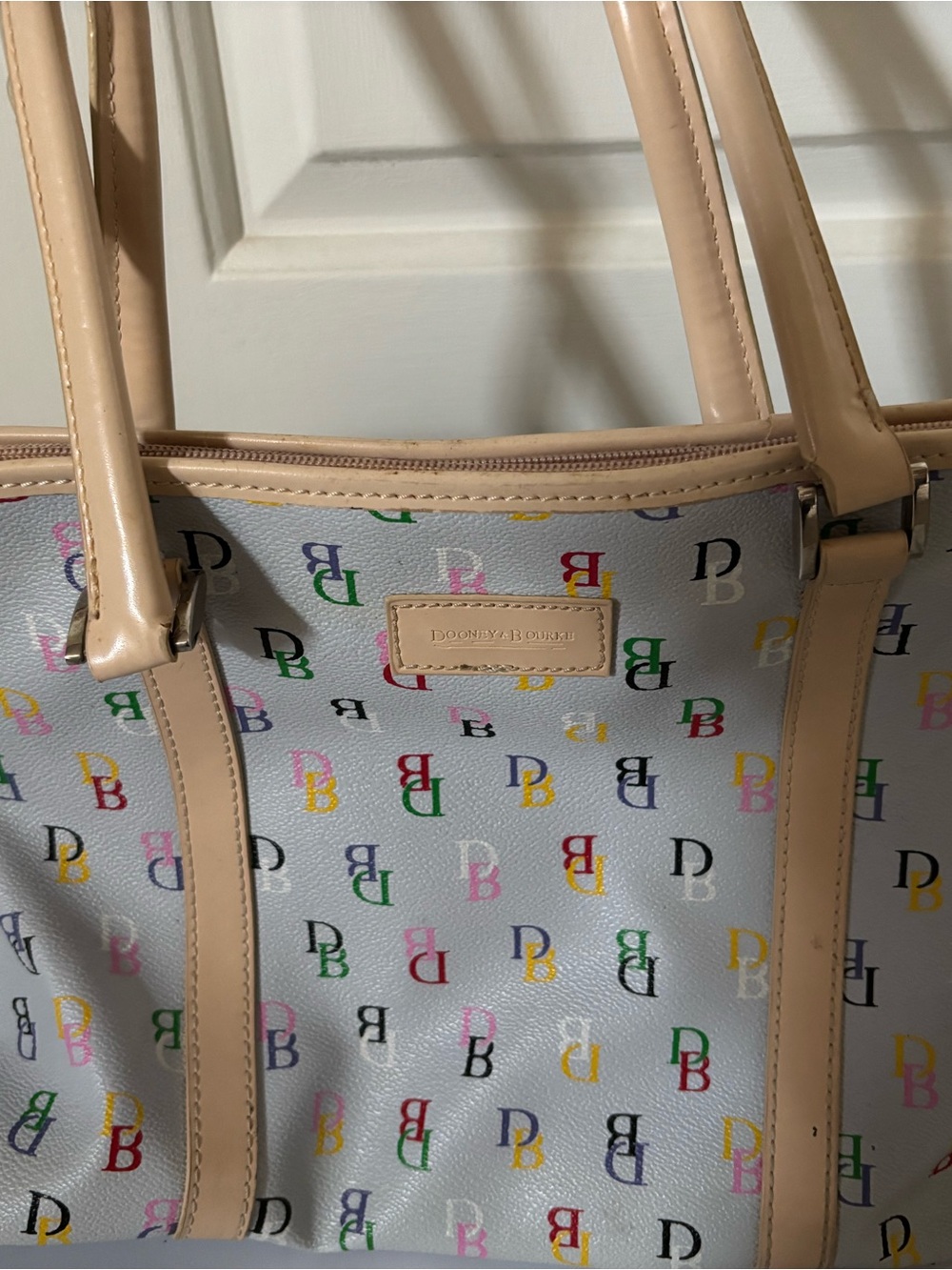 Dooney & Bourke Cream Tote with Multicolor DB Print and Tan Trim
